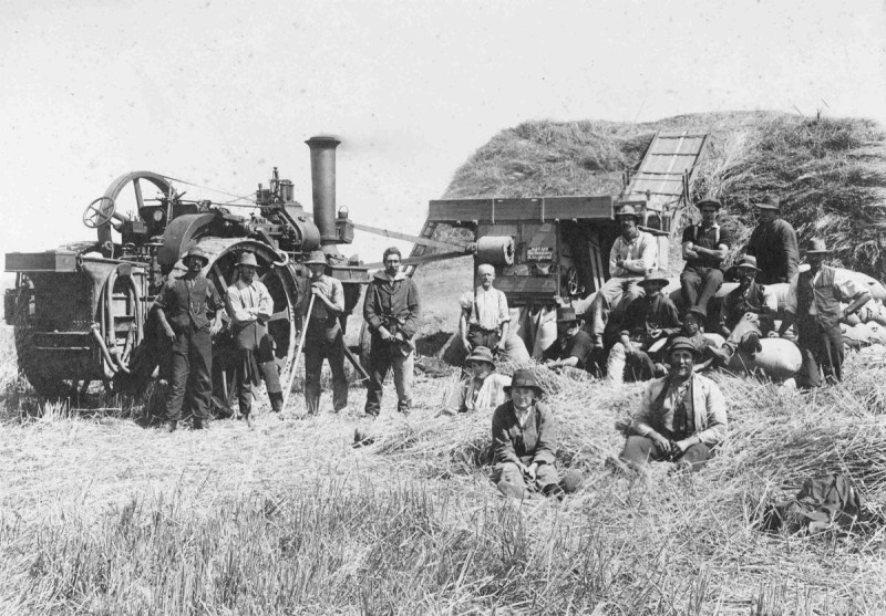 Clarks Mill threshing team by tractor, black and white photo.