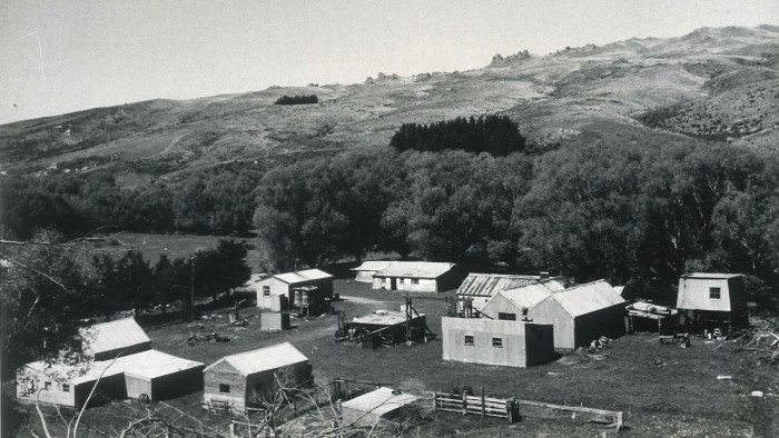 Historic black and white aerial photo of the Hayes Engineering workshop complex in 1975