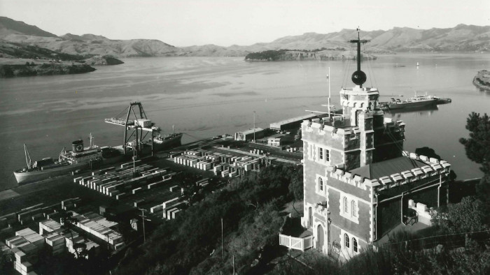 Historic black and white photo of Lyttelton Timeball Station looking over Lyttelton Harbour in 1978