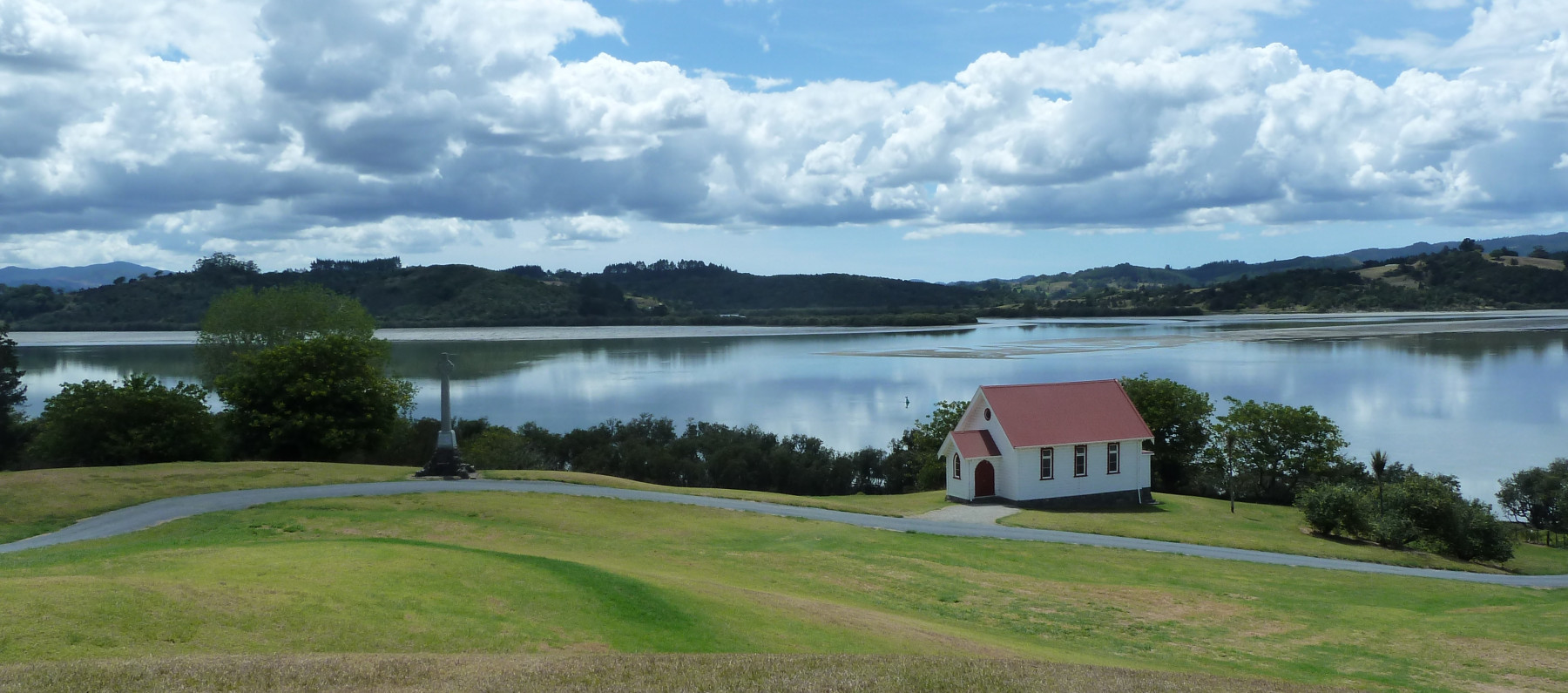 Hokianga Harbour with chapel in the foreground.