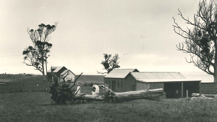 Historic black and white photo of the farm buildings at Matanaka, stables in the distance, school in the foreground in 1973