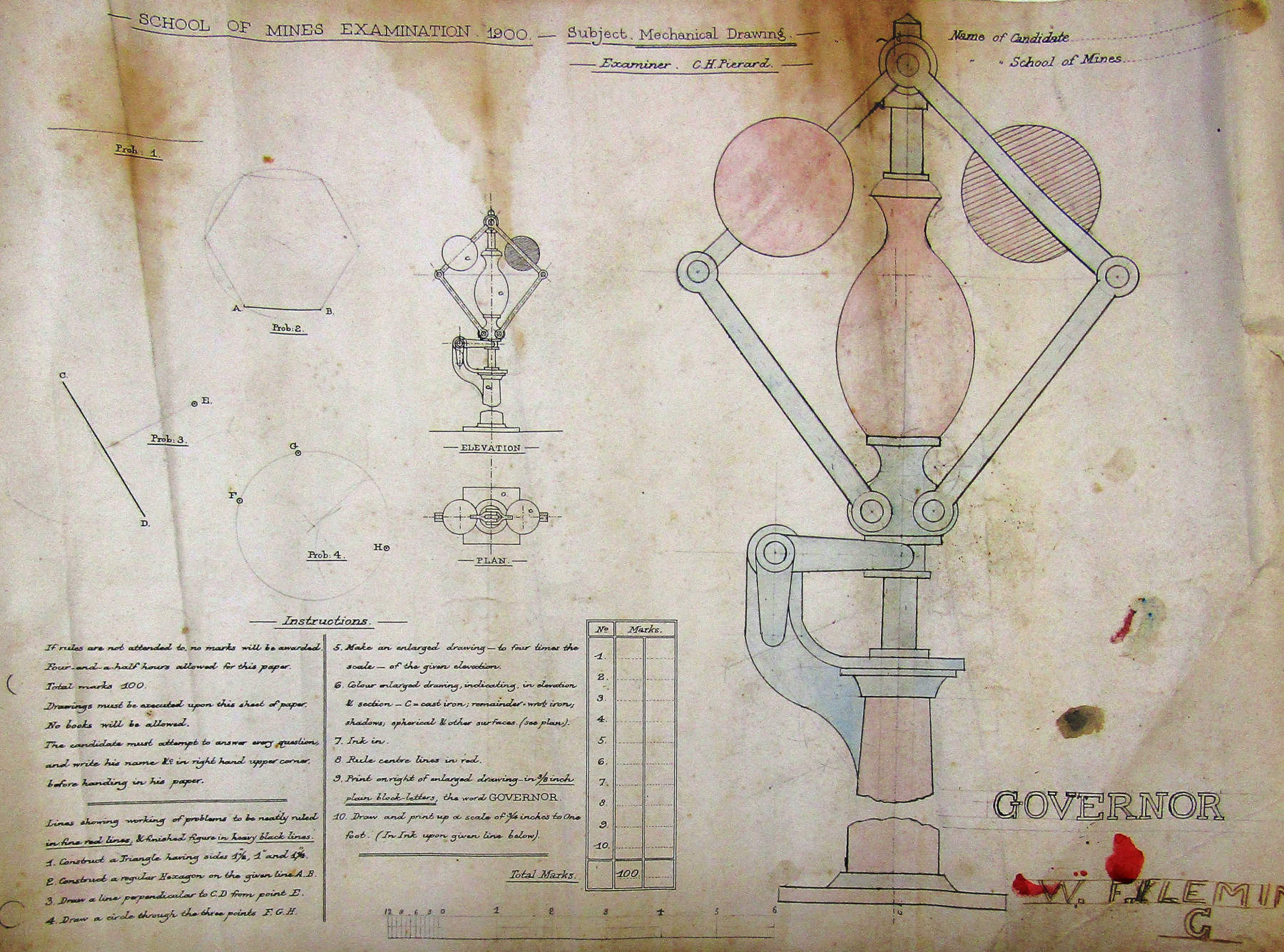 Sepia paper containing a Thames School of Mines exam, including a drawing of equipment.