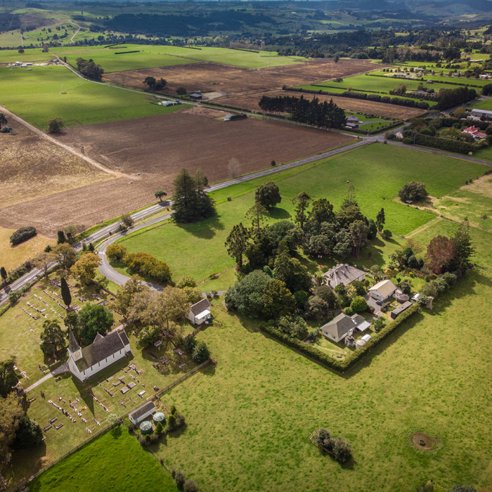Aerial view of Te Waimate Mission and remaining farm