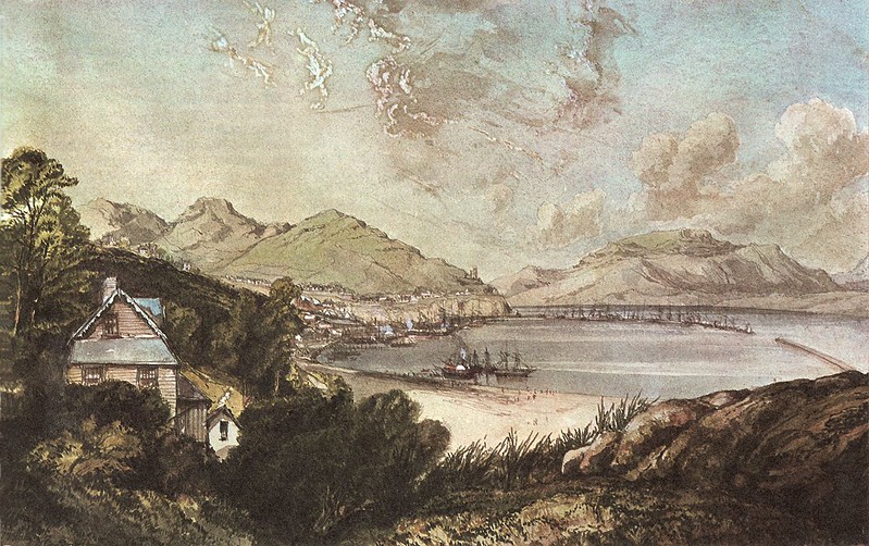 Watercolour of Lyttelton with the Timeball in the distance.