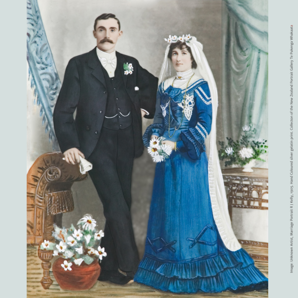 A hand coloured wedding portrait of a man and woman.
