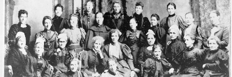 Historic black and white photo of the National Council of Women including Kate Sheppard, Christchurch, 1896.