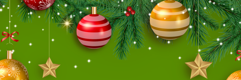 Graphics of Christmas baubles and stars on a green background.