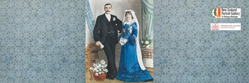 Hand-coloured wedding photograph of a man and woman.