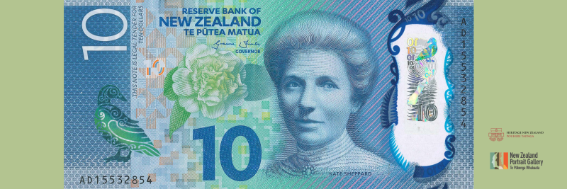 An image of the New Zealand $10 banknote, featuring Kate Sheppard.